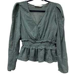 ASTR the label Medium Teal Green Floral Eyelit Blouse V Neck Boho Nordstrom